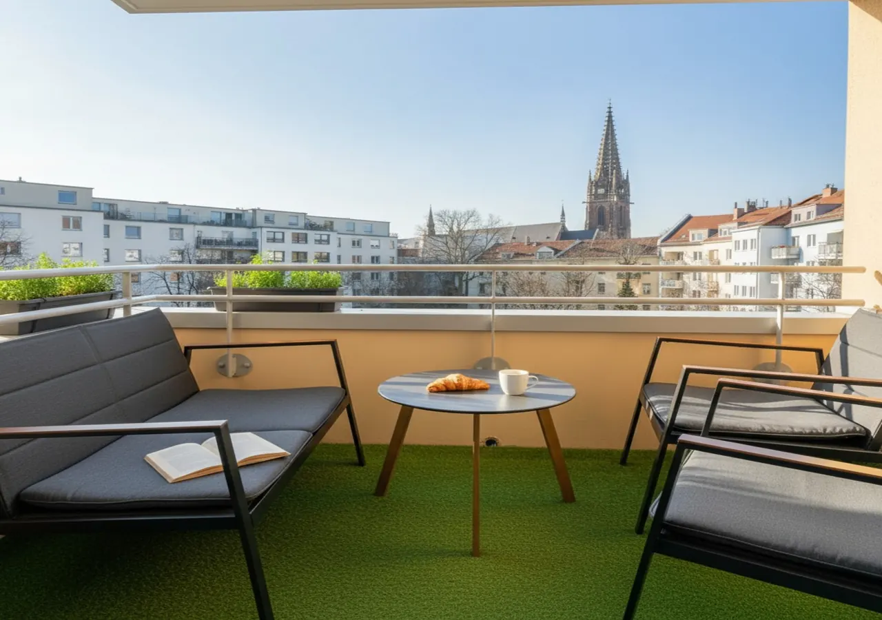 Balkon des Stadtnests mit Blick über Leipzig